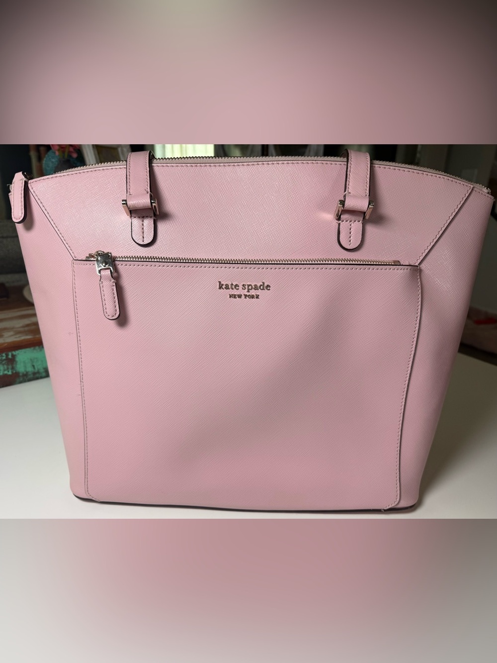 kate spade Pink Saffiano Leather Tote with Front Zip Pocket